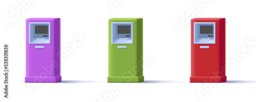Colorfull ATM bank cash machine in different color, 3d illustration