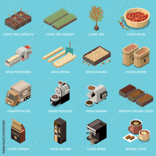 Coffee Production Industry Isometric Icons