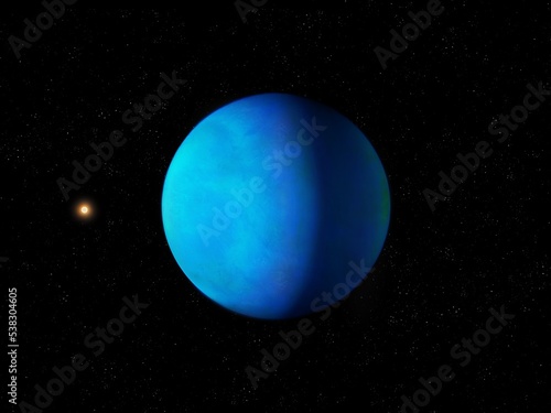 Blue planet in space, twin Earth, cosmic background, distant exoplanet 3d render.