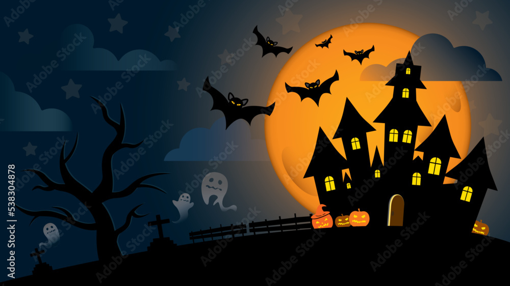 Halloween background with haunted house, bats, full moon, ghost, pumpkins and tree.