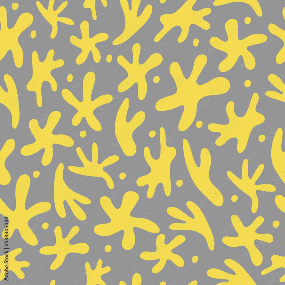 Simple seamless pattern with abstract shapes on gray background. Decorative hand-drawn yellow shapes repeated background. For textiles, wrapping paper, gift paper Simple seamless pattern with abstract shapes on gray background. Decorative hand-drawn yellow shapes repeated background. For textiles, wrapping paper, gift paper