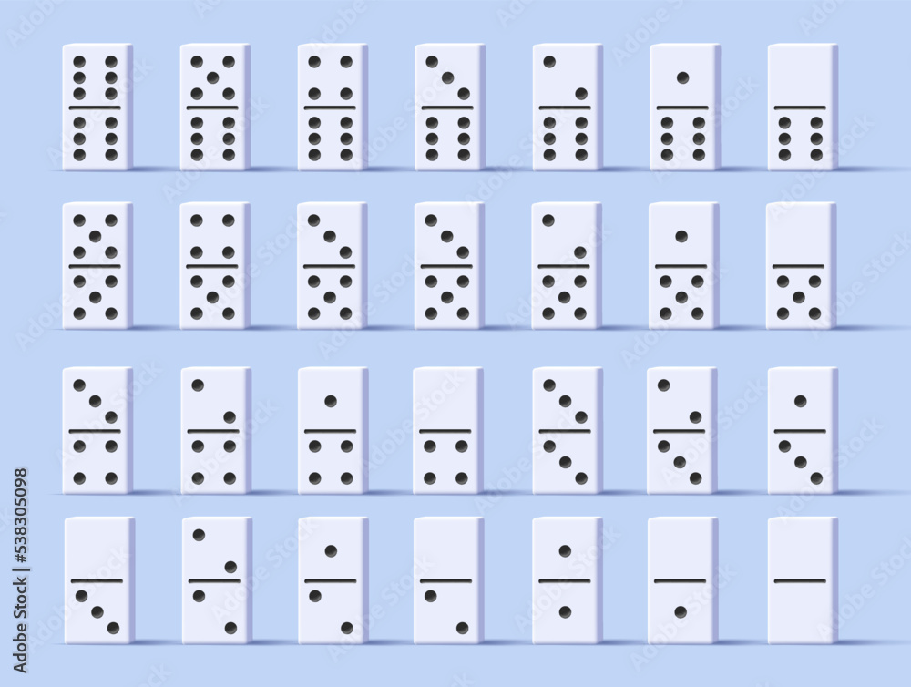 Domino Set Vector Realistic 3D bricks Illustration. white bones with black number dots, standing isolated Domino Set Vector Realistic 3D bricks Illustration. white bones with black number dots, standing isolated