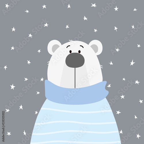 Cute hand drawn polar bear with stars. Hand drawn cartoon bear. Vector illustration for postcard, Christmas, print, fabric, kids wear, social media congratulations, sale banner. Copy space for text.