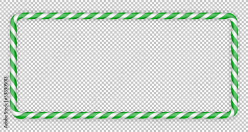 Frame christmas candy cane. Christmas stick. Traditional realistic xmas candy and green, white stripes. Santa caramel cane on transparent background. Vector illustration