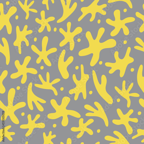 Simple seamless pattern with abstract shapes on gray background. Decorative hand-drawn yellow shapes repeated background. For textiles, wrapping paper, gift paper
