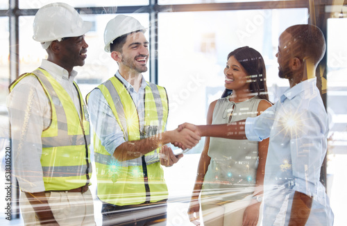 Overlay, architecture and businessman shaking hands with engineering team in a successful development project. Smile, handshake and happy construction workers in b2b partnership with a global company