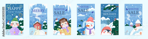Set of cute cartoon winter backgrounds for social media stories. Hand drawn cards banners with snow, snowflakes. Winter scenes with boy, girl and snowman. Winter landscape on Christmas Eve. Vector.