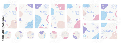 Winter social media stories and posts set. Abstract winter shapes with snowflakes, and wavy patterns. Ready to use modern minimal colorful backhrounds for social media stories and promo sale posts.