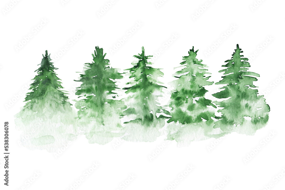 Watercolour green Christmas tree set. Hand drawn illustrations.