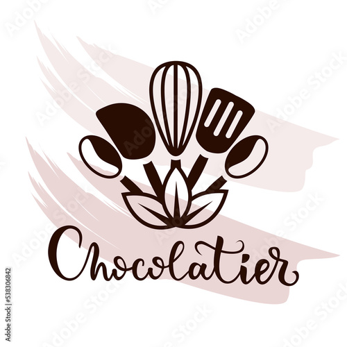 Candy store logo. Vector illustration with pastry tools. Whisk, spoon, blender, rolling pin, spatula. Cooking sweets. Logo for homemade desserts, cafes, restaurants.