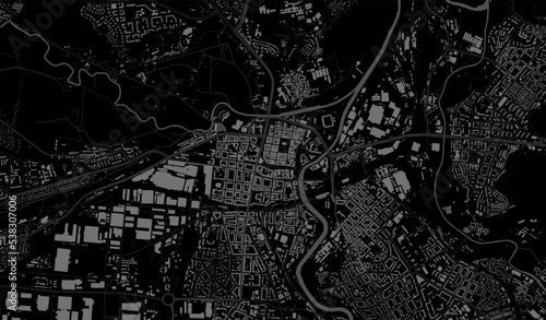 Black grey Plzen City area vector background map, Plzeň roads and water cartography illustration. photo