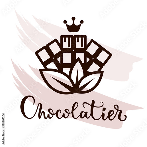 Vector tasty logo with chocolate bar. Chocolate with your own hands. Emblem for chocolatier, confectioner. Bean to bar chocolate.