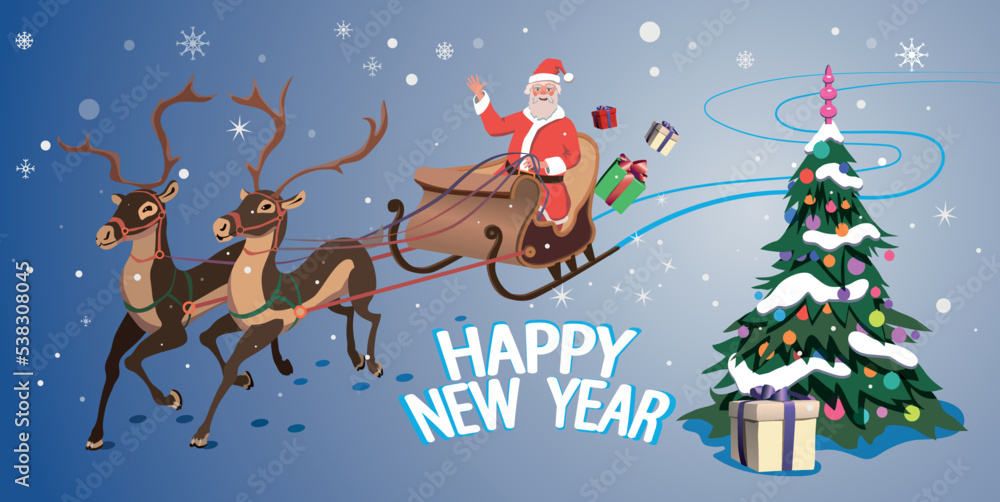 Santa Claus is carrying gifts on reindeer. Vector. Santa Claus is carrying gifts on reindeer. Vector.