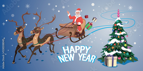 Santa Claus is carrying gifts on reindeer. Vector.