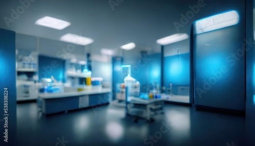 Abstract scientific medical interior blurred background. Blue light. Medical research concept. Ai generated. © makstorm