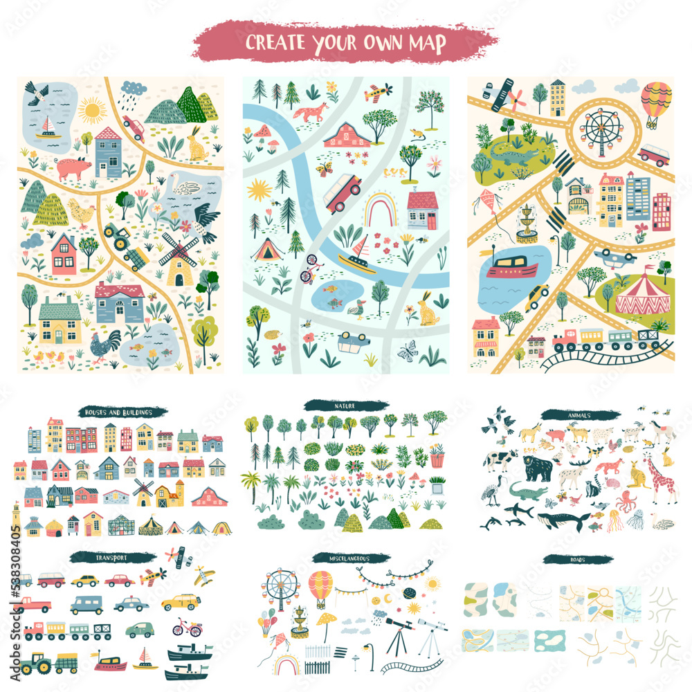 Fototapeta premium Custom map creation set for kids and travel designs with houses, animals, trees, plants, flowers, roads, cars and vehicles, airplane and weather items. Includes three designs of maps
