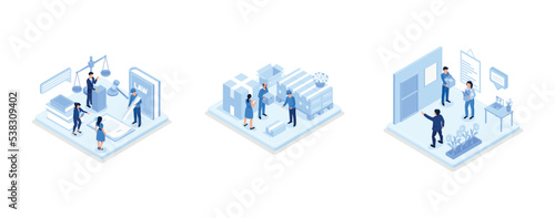 Lawyer office workplace with signed legal contract, judge gavel, scales of justice and legal books, Ready for transportation carton boxes stack standing on floor, People character getting fired, isome