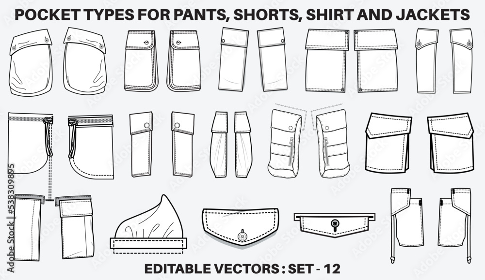 Patch pocket flat sketch vector illustration set, different types of Clothing Pockets for jeans