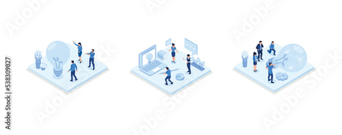 Characters standing near light bulbs and celebrating success. People generating creative business ideas. Business solution concept, set isometric vector illustration