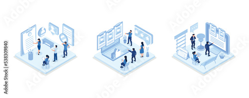 Hr manager presenting potential job candidate, Hr managers searching new employee, Human resource management and hiring concept, isometric vector modern illustration