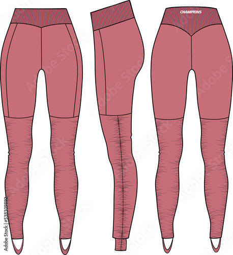 Women Sports running tights leggings Pants design flat sketch vector illustration, Compression pants concept with front and back view, Tights for jogging, fitness, and active wear pants design.