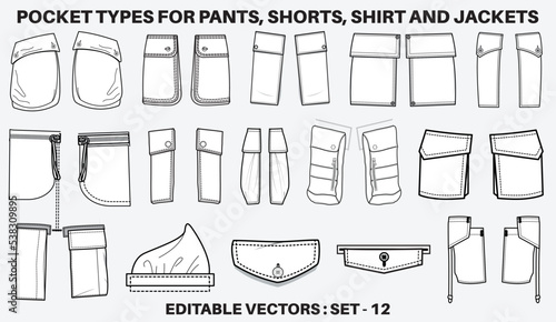 Patch pocket flat sketch vector illustration set, different types of Clothing Pockets for jeans pocket, denim, sleeve arm, cargo pants, dresses, bag, garments, Clothing and Accessories