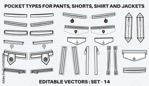 Welt and jetted Trouser pocket flat sketch vector illustration set, different types of Clothing Pockets for jeans pocket, denim,Chino pants, cargo pants, dresses, garments, Clothing and Accessories