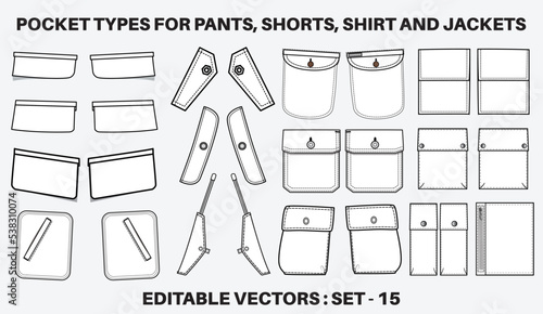 Patch pocket flat sketch vector illustration set, different types of Clothing Pockets for jeans pocket, denim, sleeve arm, cargo pants, dresses, bag, blazer, garments, Clothing and Accessories