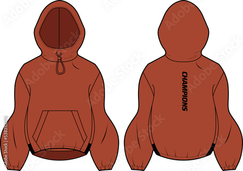 Women Sculpted Long sleeve Hoodie jacket design flat sketch illustration, Hooded sweatshirt with front and back view, windcheater winter jacket for girl and women. for hiking and workout in winter.