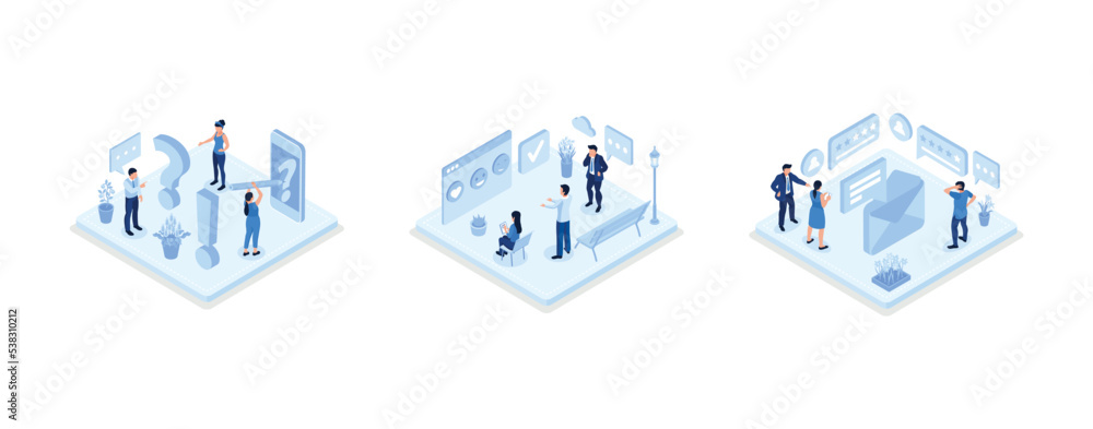 Feedback and review illustration set. Characters giving positive feedback to helpdesk service. Rating scale and customer satisfaction concept, set isometric vector illustration