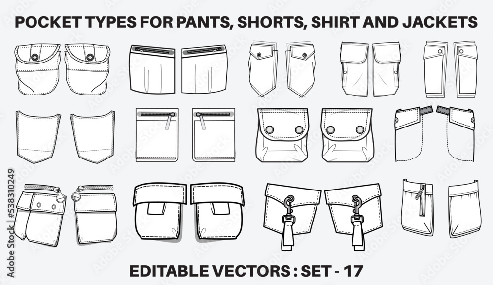Patch pocket flat sketch vector illustration set, different types of ...