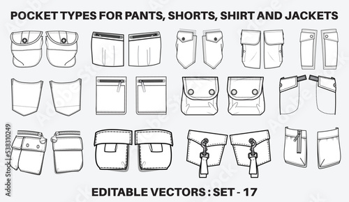 Patch pocket flat sketch vector illustration set, different types of Clothing Pockets for jeans pocket, denim, sleeve arm, cargo pants, dresses, bag, garments, Clothing and Accessories
