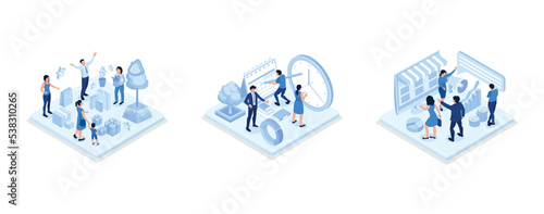 New year celebration 3d, Character standing near laptop and filling up a calendar, Public relation, digital marketing and media concept, isometric vector modern illustration