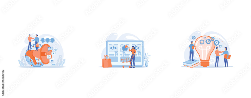 Marketing specialist with loudspeaker influence businessmen and globe, Customer with shopping cart buying digital service online, Businessmen handshake and big bulb with rotating gears, set flat vecto
