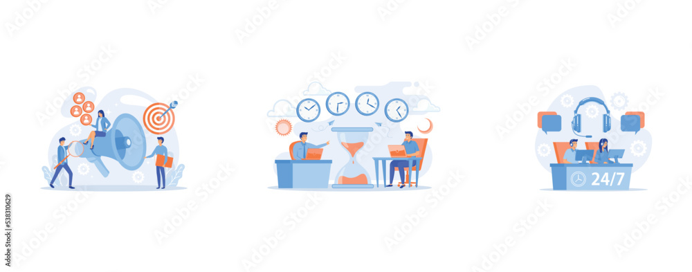 Businessman look with magnifier at target group, Busy businessmen with laptops near hourglass working in different time zones, Customer service operators with headsets at computers consulting clients Businessman look with magnifier at target group, Busy businessmen with laptops near hourglass working in different time zones, Customer service operators with headsets at computers consulting clients