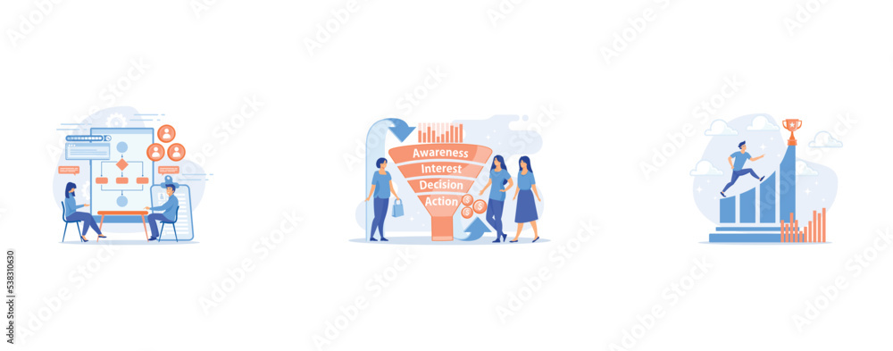 HR manager with employee at interview and business flow chart, Sales funnel stages, potencial customers, buyer with purchase, Businessman jumps on graph columns on the way to success, set flat vector 