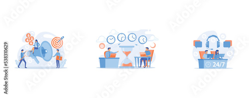 Businessman look with magnifier at target group, Busy businessmen with laptops near hourglass working in different time zones, Customer service operators with headsets at computers consulting clients 
