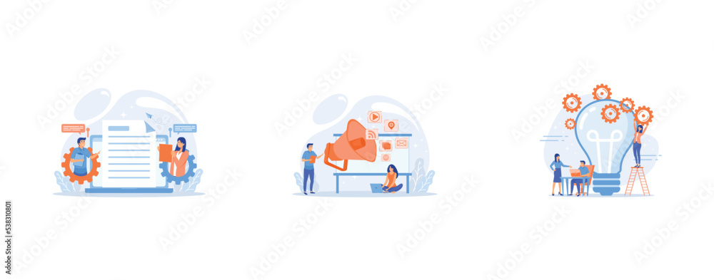 Business team editing shared document on laptop online, Marketing team work and huge megaphone with media icons, Business team putting gears on big lightbulb, set flat vector modern illustration