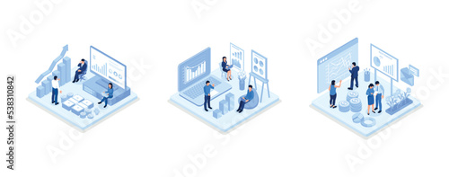 Characters analyzing financial data and planning investment strategy, People examining financial graphs, charts and diagrams, Financial research concept, isometric vector modern illustration