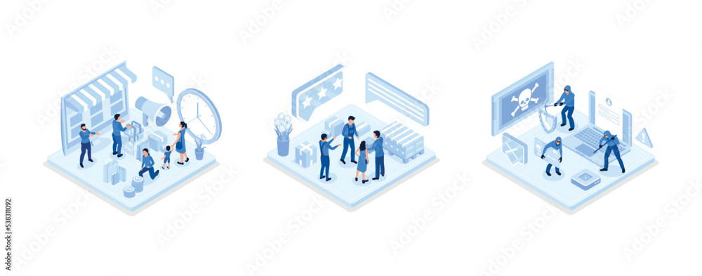 Digital Marketing and E-Commerce Concept, Courier in Uniform Delivering Package, Hackers Hacking Information from Laptop and Stealing Personal Data, Credit Card and Password, isometric vector modern i
