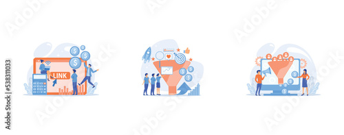 Business analytics, commerce metrics, SEO, Analysts analyzing market, Generating new leads, identify your customers, SMM strategies concept, set flat vector modern illustration