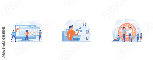 Time management, marketers teamwork, Job interview, vacancy candidates, Human resources agency for migrants, set flat vector modern illustration