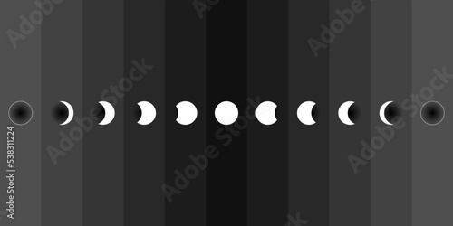 Moon phases sphere shadow cycle astronomy icon set. Vector Illustration black background