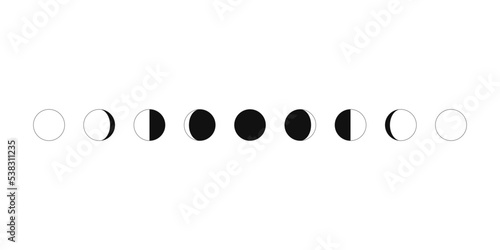 Moon phases sphere shadow cycle astronomy icon set. Vector Illustration black background