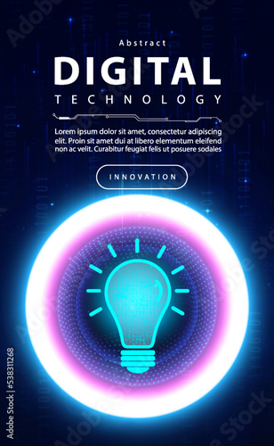 Digital technology creative mind idea thinking blue background, lighting inspiration and innovation, abstract tech brain future vision brainstorm, Ai big data, internet network, illustration vector
