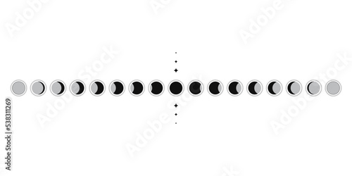 Moon phases sphere shadow cycle astronomy icon set. Vector Illustration black background