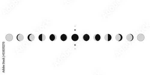 Moon phases sphere shadow cycle astronomy icon set. Vector Illustration black background