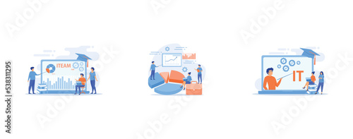 Computing and hi tech classes, Business statistics, financial report, company performance analysis concept, Programming, coding learning, set flat vector modern illustration
