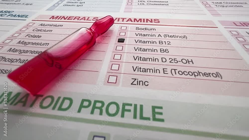 Medicine in ampule of synthetic supplement of vitamin B12