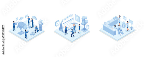 People Characters Collecting Gold Coins in Piggy Bank, People Characters Filling Planning Schedule, Doctor Pharmacist in Drugstore points on Medical Prescription, isometric vector modern illustration